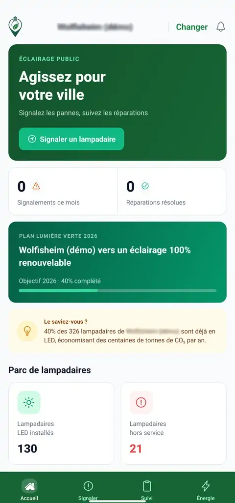 Aplicação para munícipes Eco-Signal: ecrã inicial, plano de iluminação verde e estado do parque do município