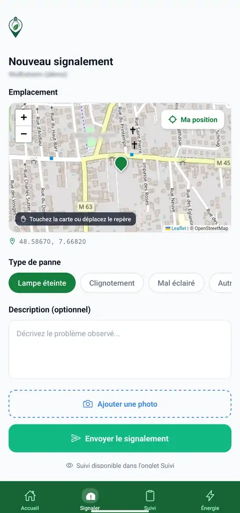 Aplicação para munícipes Eco-Signal: nova ocorrência — mapa, tipo de avaria, descrição e fotografia