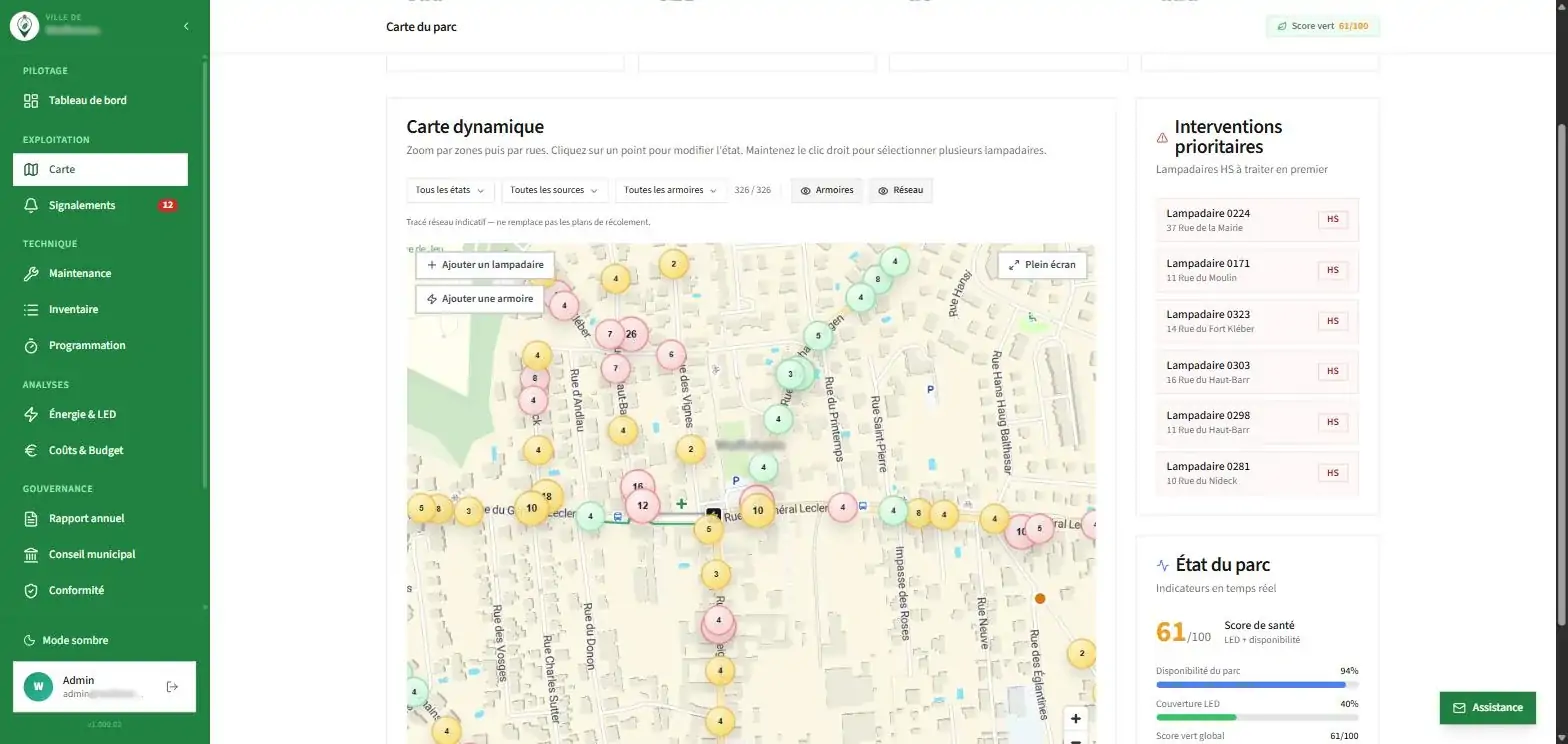 Módulo Mapa do Eco-Signal: candeeiros georreferenciados, contadores e intervenções prioritárias