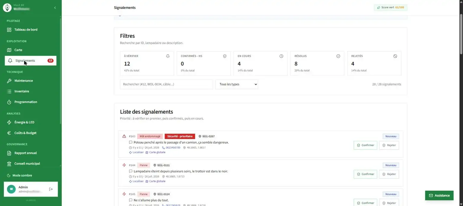 Módulo Ocorrências do Eco-Signal: comunicações dos munícipes a verificar, filtros e fluxo de tratamento